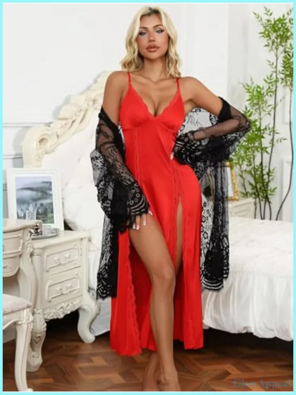 Women's Silk Nightgown with Lace Trim and Side Slits - Satin Sleep Dress